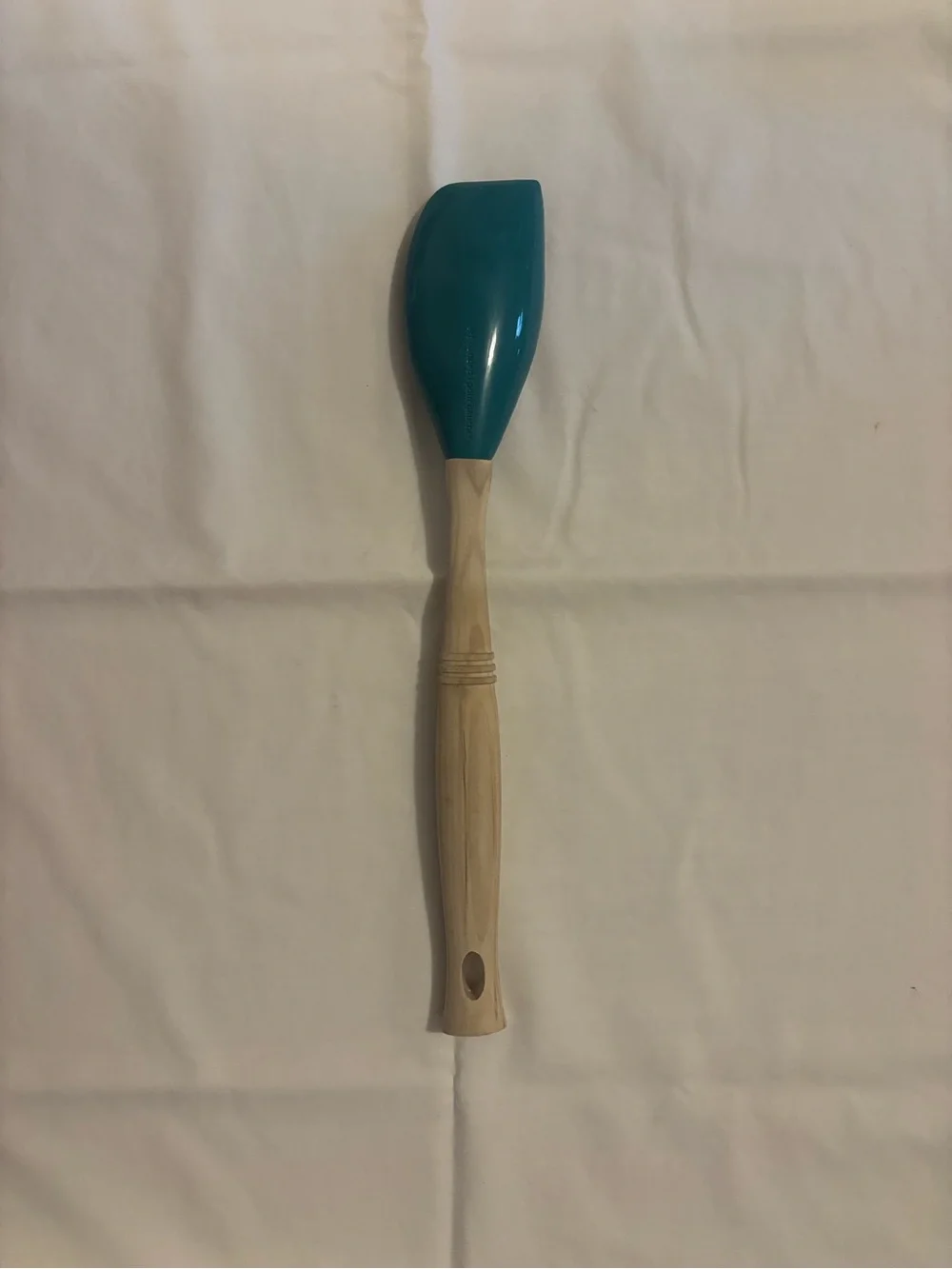 Le Creuset Teal Silicone Left Handed Wooden Handle Spatula